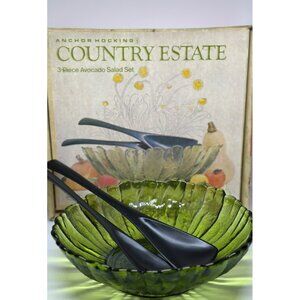 VTG Anchor Hocking Country Estate Salad Bowl Set | 3 Pc Avocado Green 10"x3"